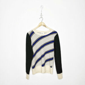 MILLY Dakota Sweater Polka Dot Stripe Ivory Pointelle Pullover Merino Wool L